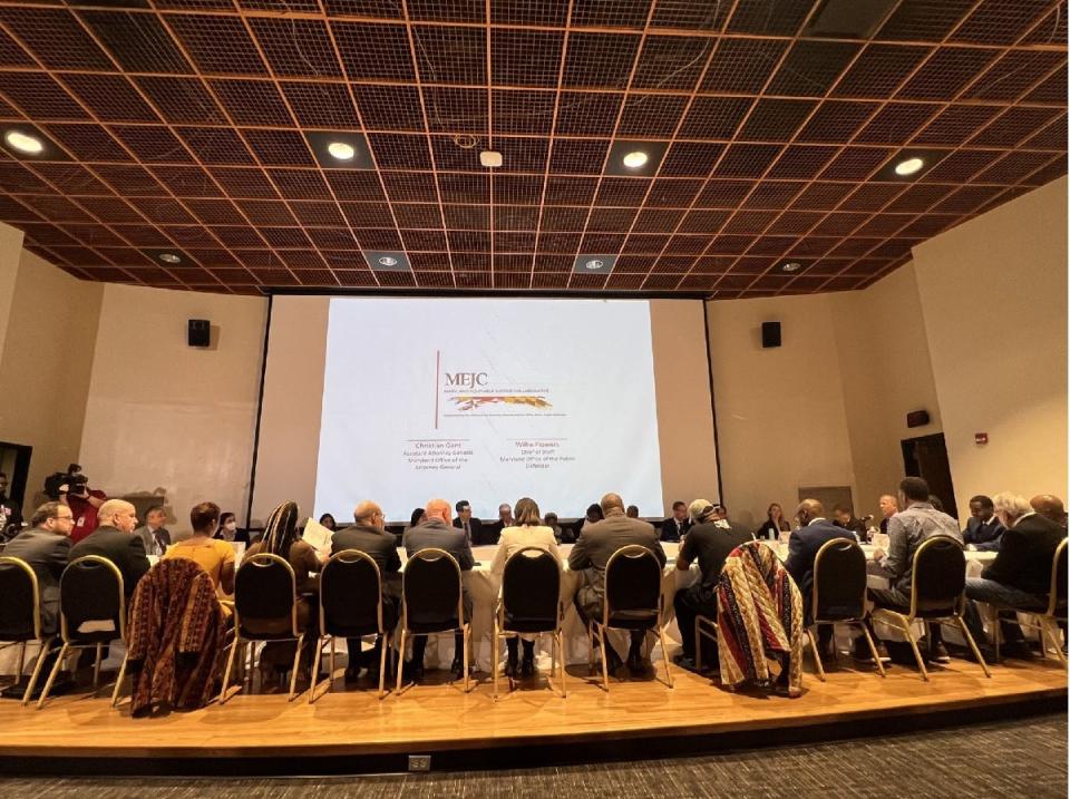 Maryland Attorney General Anthony Brown, at far right near door, speaks to members of the Maryland Equitable Justice Collaborative, an initiative of the Office of the Maryland Public Defender and Office of the Attorney General, during their first meeting at Bowie State University on October 25, 2023.