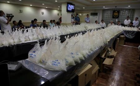 Around 505 kilos of seized high-grade shabu drugs, confiscated last Saturday, are seen after they were presented to the media during a news conference at the National Bureau of Investigation (NBI) headquarters in Metro Manila, Philippines May 29, 2017. REUTERS/Romeo Ranoco