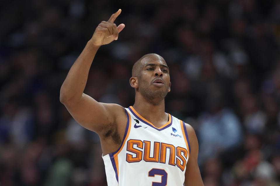 DENVER, COLORADO - APRIL 29: Chris Paul #3 of the Phoenix Suns gestures while playing the Denver Nuggets in the third quarter at Ball Arena on April 29, 2023 in Denver, Colorado. NOTE TO USER: User expressly acknowledges and agrees that, by downloading and/or using this photograph, User is consenting to the terms and conditions of the Getty Images License Agreement. (Photo by Matthew Stockman/Getty Images)