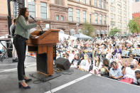 Congresswoman Alexandria Ocasio-Cortez (D-N.Y) speaks at a rally to end the use of fossil fuels, in New York, Sunday, Sept. 17, 2023. (AP Photo / Bryan Woolston)