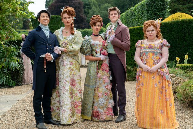 <p>Liam Daniel/Netflix</p> James Phoon as Harry Dankworth, Bessie Carter as Prudence Featherington, Harriet Cains as Philipa Featherington, Lorn Macdonald as Albion Finch, Nicola Coughlan as Penelope Featherington