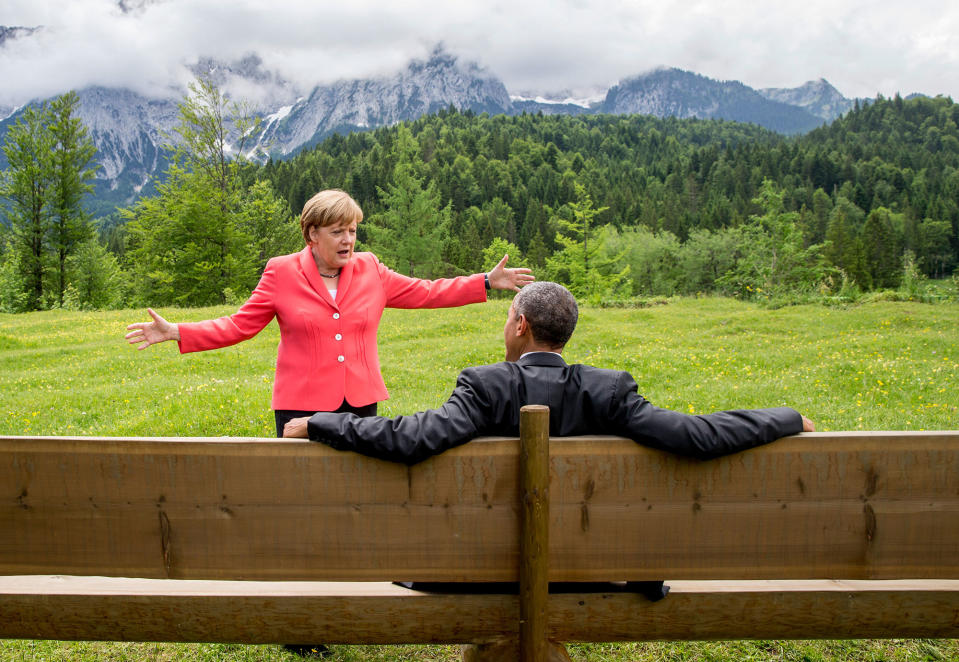 <p>German Chancellor Angela Merkel speaks with U.S. President Barack Obama outside the Elmau castle in Kruen near Garmisch-Partenkirchen, Germany, June 8, 2015. Leaders of the Group of Seven (G7) industrial nations vowed at a summit in the Bavarian Alps on Sunday to keep sanctions against Russia in place until President Vladimir Putin and Moscow-backed separatists fully implement the terms of a peace deal for Ukraine. (Michael Kappeler/Pool/Reuters) </p>