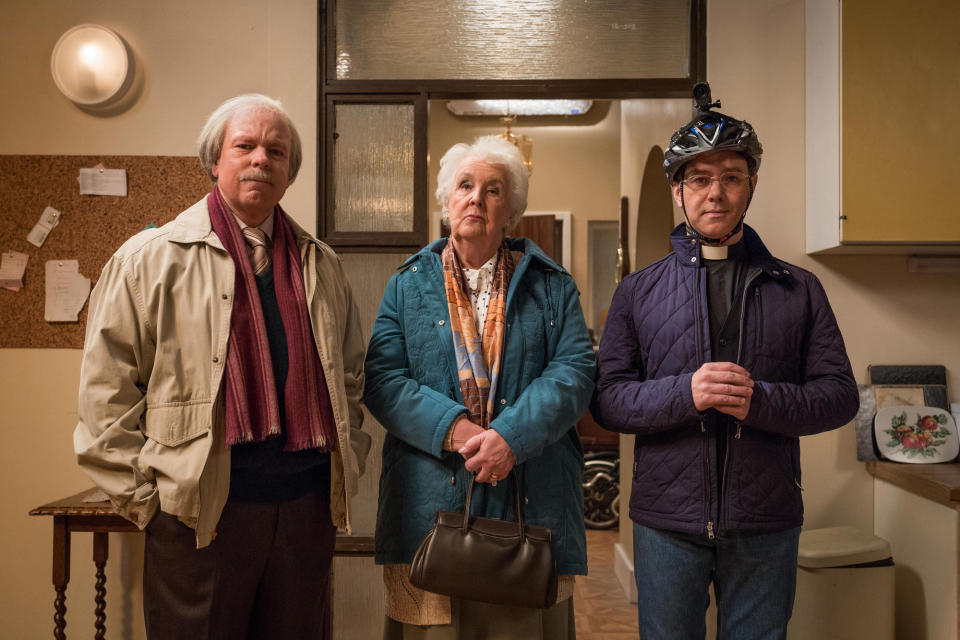 <span>Arthur Flitwick (Steve Pemberton), Moira O’Keefe (Stephanie Cole), Reverend Neil (Reece Shearsmith)</span>