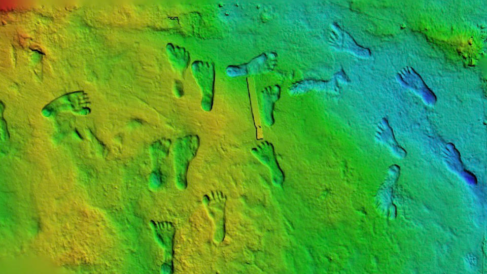 A rainbow false color covers an image of human footprints in the sand.