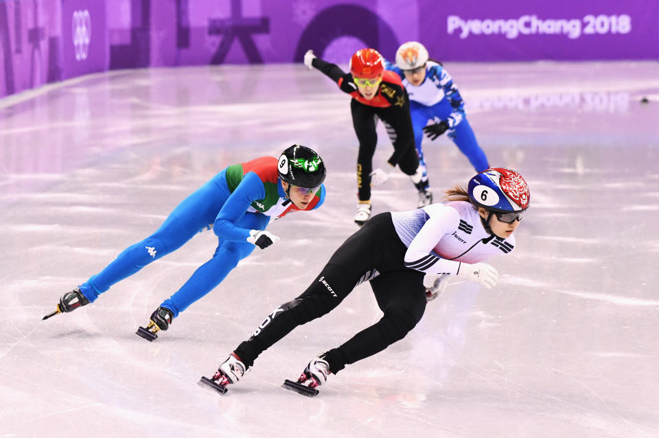 <p>Minjeong Choi of Korea, Arianna Fontana of Italy, Kexin Fan of China, Sofia Prosvirnova of Olympic Athlete from Russia compete during the Ladies’ 500m Short Track Speed Skating semifinal on day four of the PyeongChang 2018 Winter Olympic Games at Gangneung Ice Arena on February 13, 2018 in Gangneung, South Korea. (Photo by Harry How/Getty Images) </p>