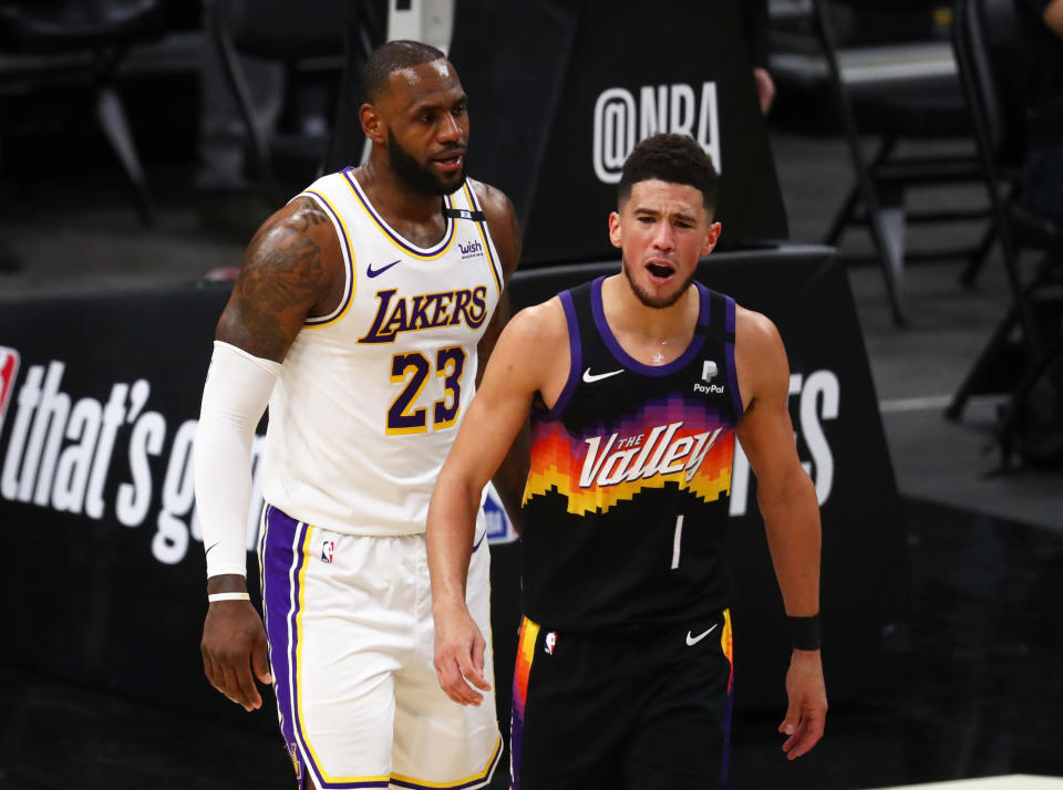 Devin Booker did not back down in his playoff debut against LeBron James. (Mark J. Rebilas-USA TODAY Sports)