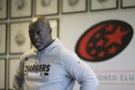 Los Angeles Chargers head coach Anthony Lynn speaks during a press conference following a training session at Allianz Park in London, Friday Oct. 19, 2018. The Los Angeles Chargers are preparing for an NFL football game against the Tennessee Titans at London's Wembley stadium on Sunday. (AP Photo/Tim Ireland)