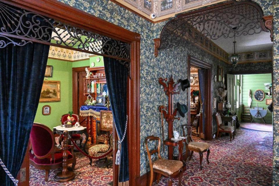 The Victorian interior of the Meux home features carved woodwork and stained glass windows. The furnishings and decorations have been updated to reflect the late Victorian era. Tours are available Fridays through Sundays.