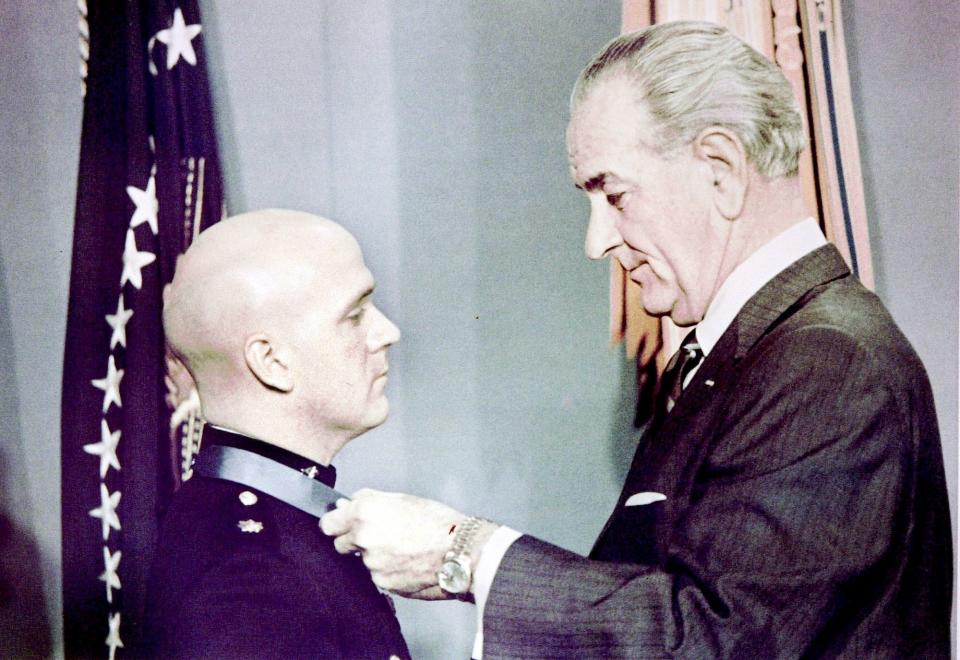 Robert Modrzejewski (left) receives the Medal of Honor from President Lyndon Johnson on March 12, 1968. Modrzejewski was the first soldier from Wisconsin to receive the nation's highest military honor for service in the Vietnam War.