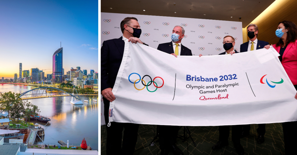 Brisbane skyline and Australian officials holding a flag for the Brisbane 2032 Olympics.