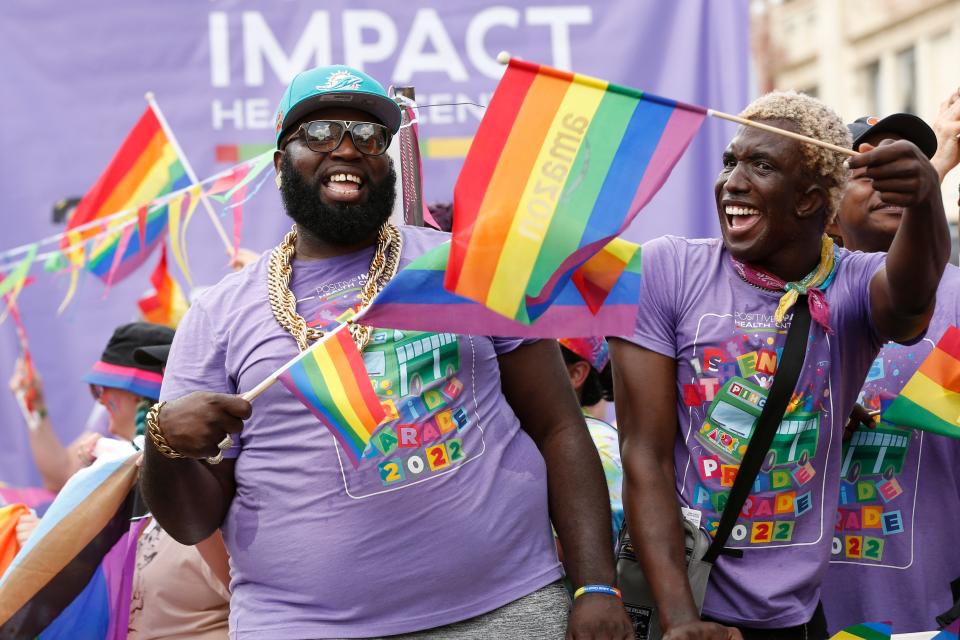 FILE - The Positive Impact Health Centers parade float in the Athens Pride Parade in downtown Athens, Ga., on Sunday, June 12, 2022.