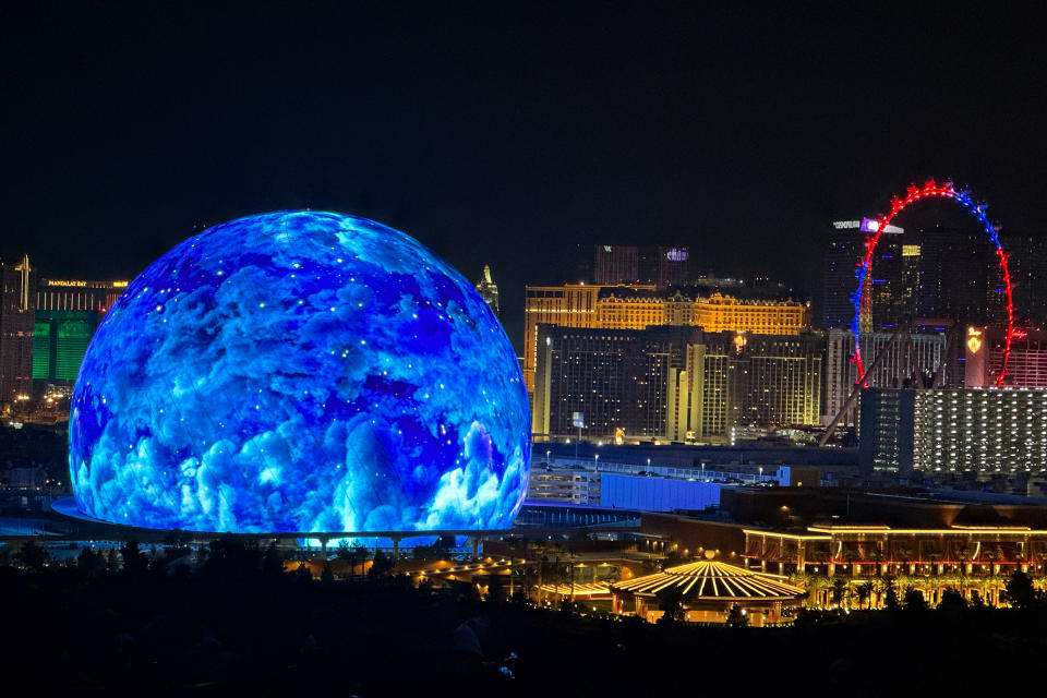 The MSG Sphere illuminates the Las Vegas skyline on July 4, 2023.<span class="copyright">L.E. Baskow—Las Vegas Review-Journal/AP</span>