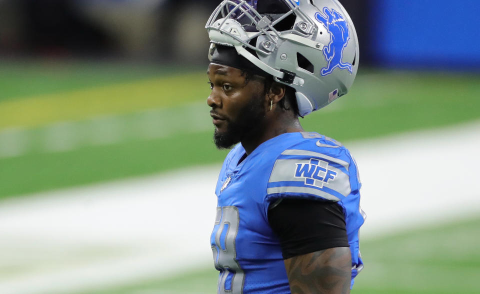 DETROIT, MI - SEPTEMBER 13: Jamie Collins #58 of the Detroit Lions walks off the field after being ejected for a personal foul during the first quarter against the Chicago Bears at Ford Field on September 13, 2020 in Detroit, Michigan. Chicago defeated Detroit 27-23. (Photo by Leon Halip/Getty Images)