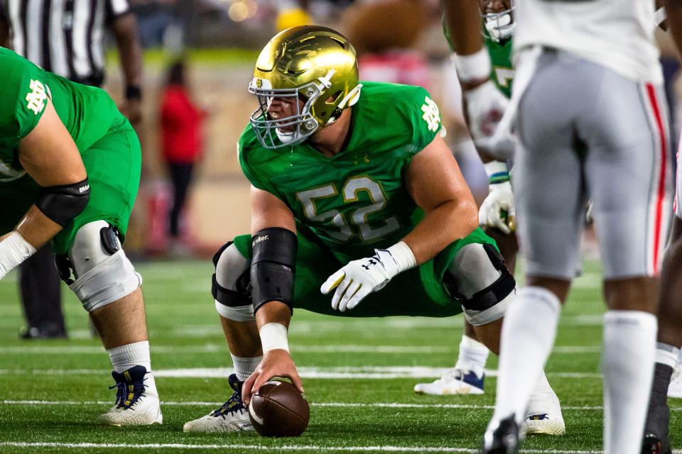 Notre Dame's Zeke Correll (52) lines up during the first half of an NCAA college football game against Ohio State on Saturday, Sept. 23, 2023, in South Bend, Ind.