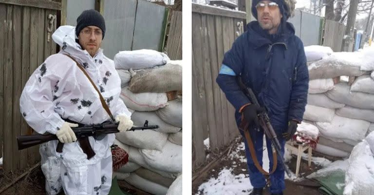 Vitaliy Karpenko, de 28 años, combatiente de una unidad paramilitar de Bucha que fue ejecutado por soldados rusos e Ivan Skyba, un albañil de 43 años que se ofreció como voluntario para hacer turnos en el puesto de control del número 31 de la calle Yablunska