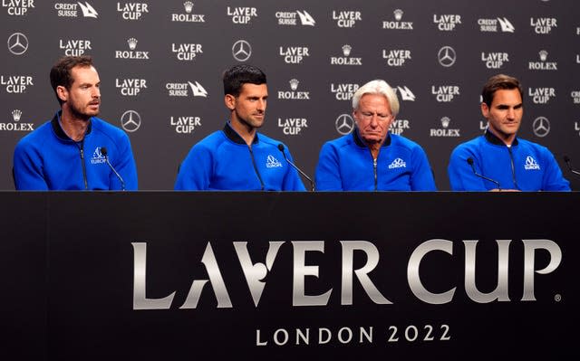 Andy Murray, Novak Djokovic, Bjorn Borg and Roger Federer at a Laver Cup press conference in 2022