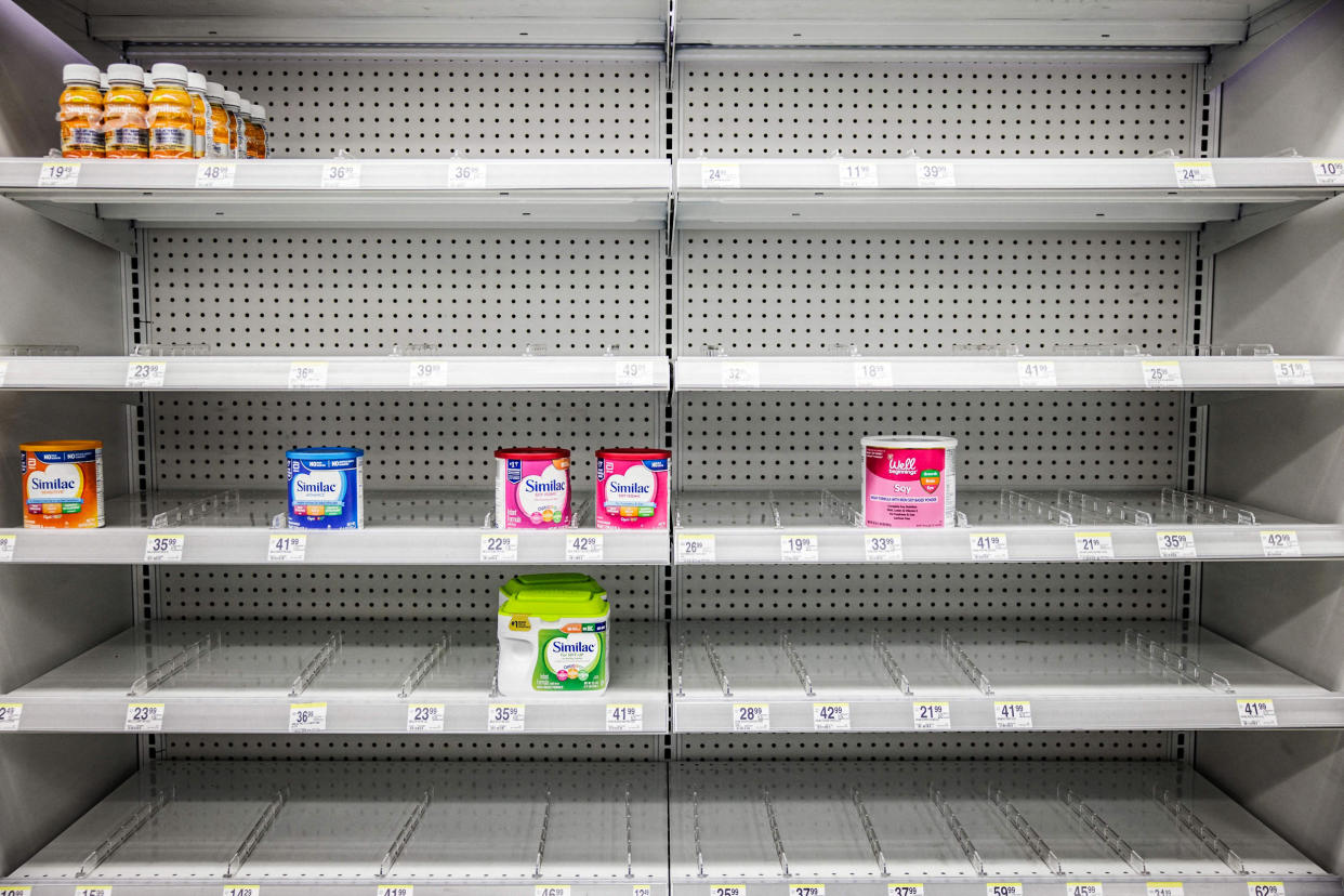 Image: Shelves normally meant for baby formula sit nearly empty at a store in downtown Washington, DC, on May 22, 2022. (Samuel Corum / AFP - Getty Images)