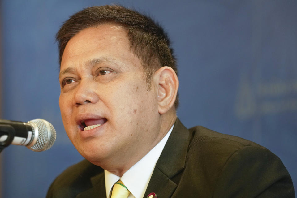 Prayuth Bejraguna, a spokesperson of the Office of the Attorney General, talks to reporters during a news conference in Bangkok, Thailand, Monday, Feb. 19, 2024. Thailand’s former Prime Minister Thaksin Shinawatra, the Southeast Asian nation’s most controversial politician for more than two decades, was released on parole early Sunday from a Bangkok hospital where he spent six months serving time for corruption-related offenses. (AP Photo/Sakchai Lalit)