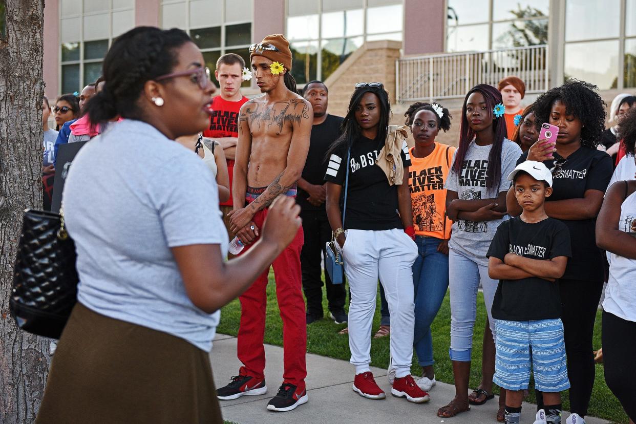 Semehar Ghebrekidan as pictured in this July 8, 2016 file photo from Joe Ahlquist. People look on as Semehar Ghebrekidan, of Sioux Falls, speaks during a peaceful gathering in response to recent shootings across the county Friday, July 8, 2016, outside the Law Enforcement Center in downtown Sioux Falls.