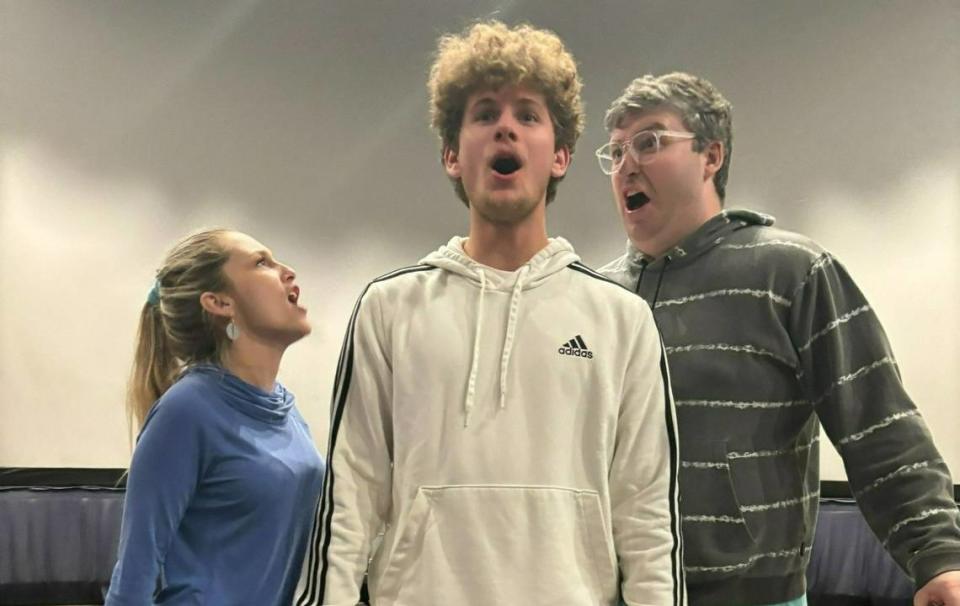 Actors with Sea Glass Stage Company rehearse for “Tick, Tick… Boom!” on Monday, Jan. 29, 2024. The show opens Feb. 16 at Coligny Theatre. Allison Manning/Submitted