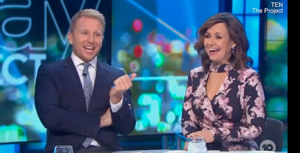 Hamish McDonald and Lisa Wilkinson laugh on The Project desk