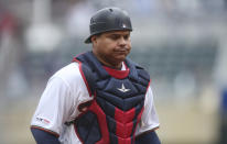 FILE - In this April 18, 2019, file photo, Minnesota Twins' Willians Astudillo is shown during a baseball game against the Toronto Blue Jays, in Minneapolis. The most popular player on the first-place Minnesota Twins is the third-string catcher and versatile everyman Willians Astudillo, whose all-out style has endeared him to the team and the fans since his debut last season. His cult hero status reaches a new high on Friday night, April 26, when the Twins give away La Tortuga T-shirts in honor of his nickname, which means turtle in Spanish, at their game against Baltimore. (AP Photo/Jim Mone, File)