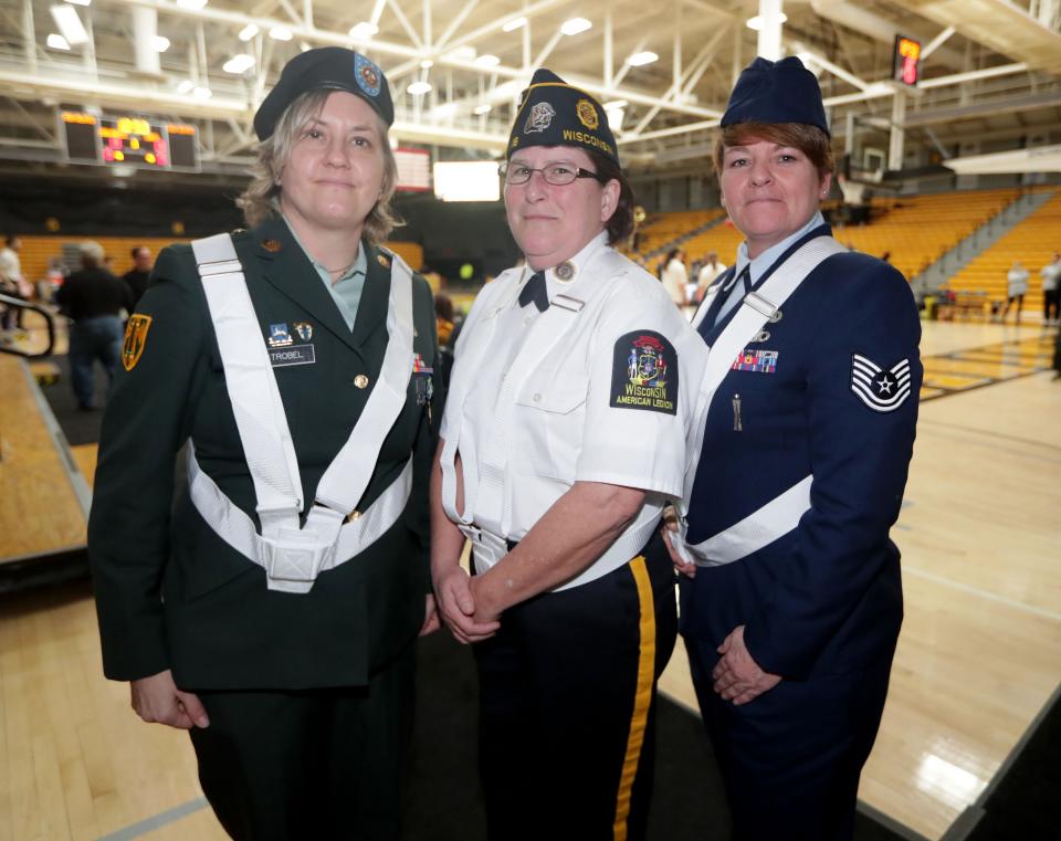 From left, Dawn Strobel, Color Guard officer, Kimberly Stuart, Veterans for Diversity CEO, and Denise Northway, American Legion Post 18 Adjutant, are seen before being honored as part of a University of Wisconsin-Milwaukee Women's Basketball Pride Game at Klotche Center on the University of Wisconsin-Milwaukee campus in Milwaukee on Sunday, Jan. 19, 2020. The event was hosted by Veterans for Diversity and was opened by the Veterans for Diversity's Color Guard.