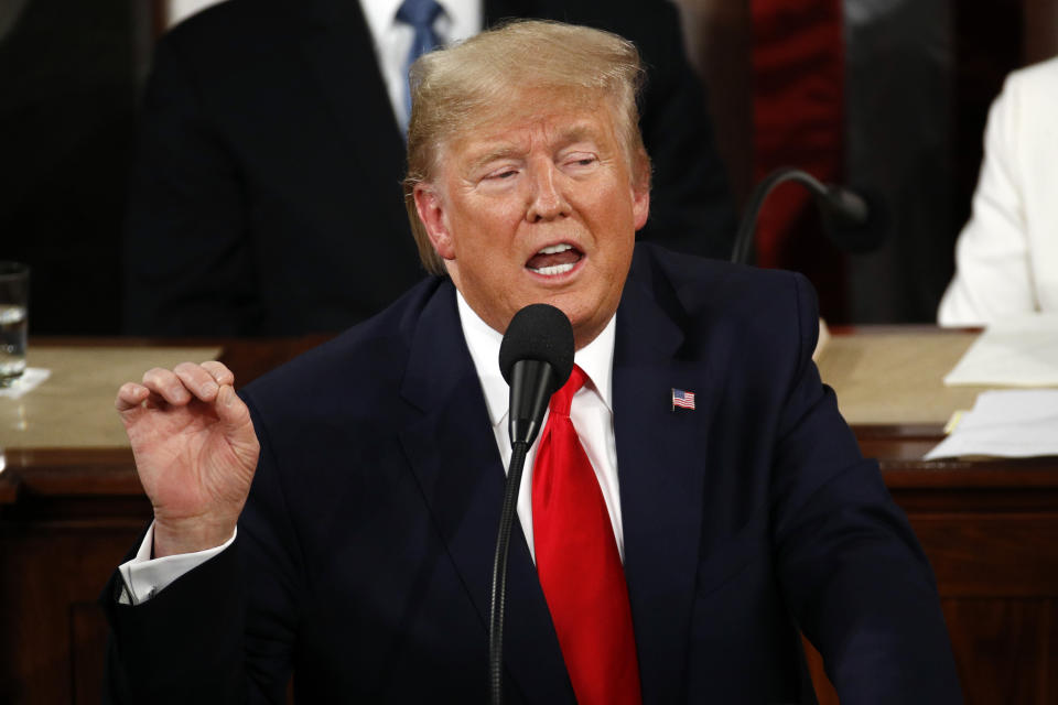 President Donald Trump delivers his State of the Union address to a joint session of Congress on Capitol Hill in Washington, Tuesday, Feb. 4, 2020. (AP Photo/Patrick Semansky)