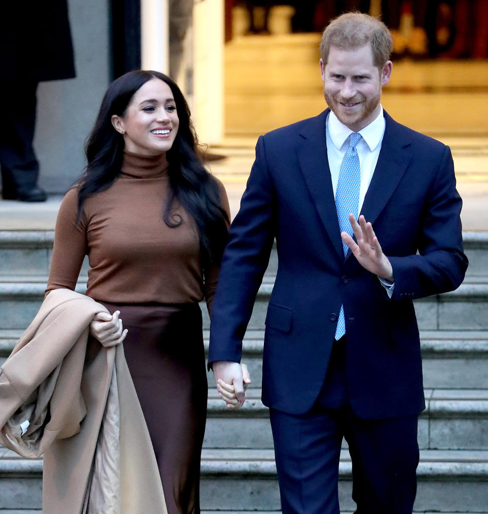 The Duke and Duchess of Sussex depart Canada House on Jan. 7, 2020 in London. (Photo: Chris Jackson via Getty Images)