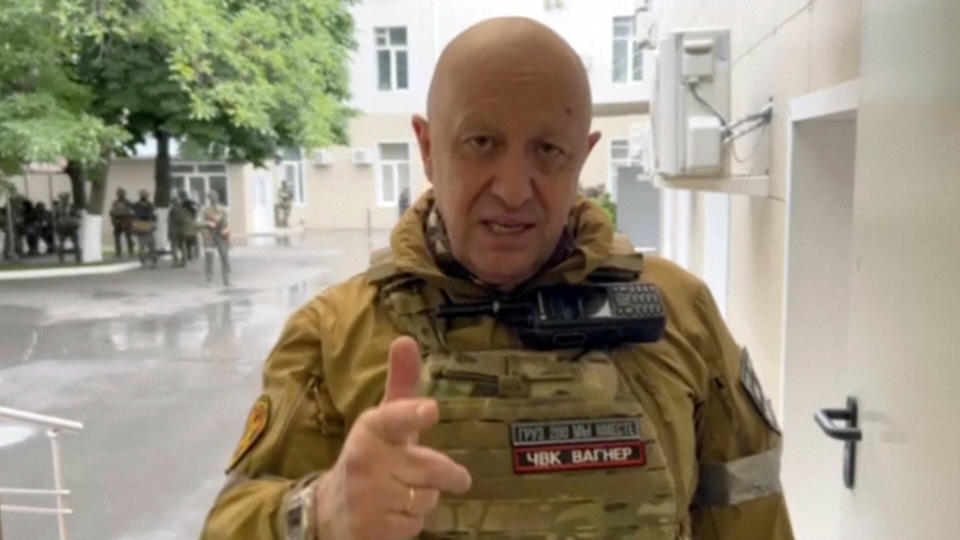 In this handout photo taken from video released by Prigozhin Press Service, Yevgeny Prigozhin, the owner of the Wagner Group military company, records his video addresses in Rostov-on-Don, Russia, Saturday, June 24, 2023. Wagner leader Yevgeny Prigozhin incited a rebellion against Russia's military leaders and marched with his troops toward Moscow but aborted his mutiny when Belarusian President Alexander Lukashenko brokered an agreement that included exile for the warlord in Belarus. (Prigozhin Press Service via AP)
