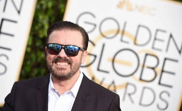 Ricky Gervais arrives at the 73nd annual Golden Globe Awards, January 10, 2016, at the Beverly Hilton Hotel in Beverly Hills, California