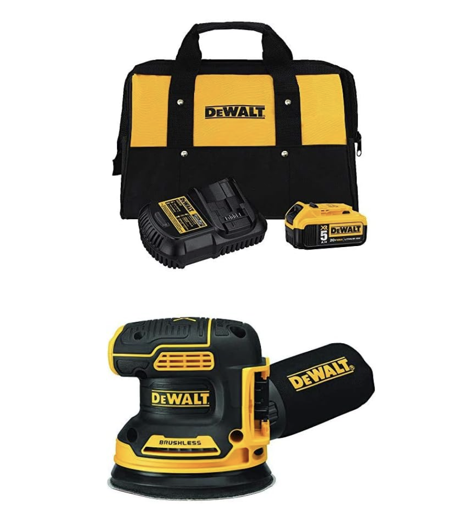 DEWALT 20V MAX Orbital Sander Brushless (DCW210B) and DEWALT 20V MAX Battery and Charger Kit with Bag, 5.0Ah (DCB205CK) (photo via Amazon)