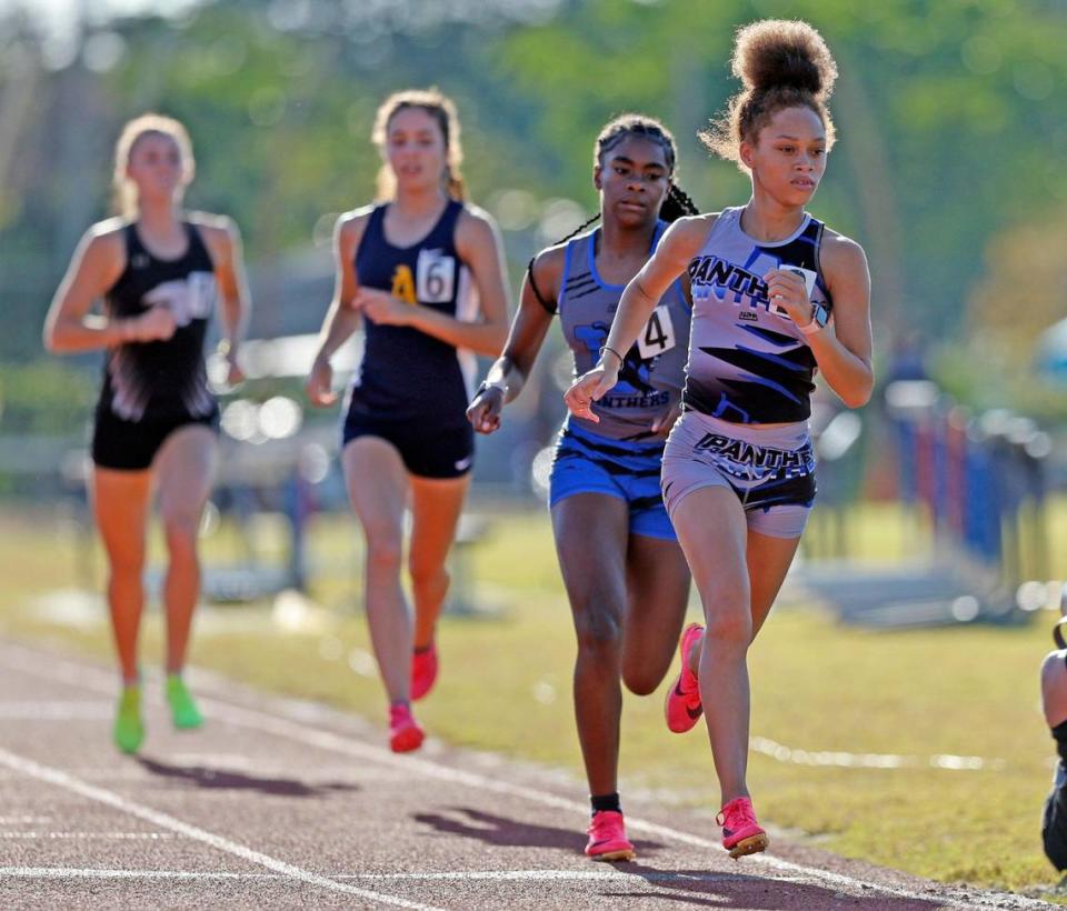 Dillard High’s Christiana Coleman runs the 1600 meters race during the 2024 BCAA Track and Field Championship at Dillard High School in Fort Lauderdale, Florida on Friday, April 5, 2024.