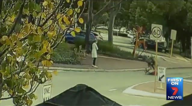 The moment a cyclist collided with a 92-year-old pedestrian. Source: 7News