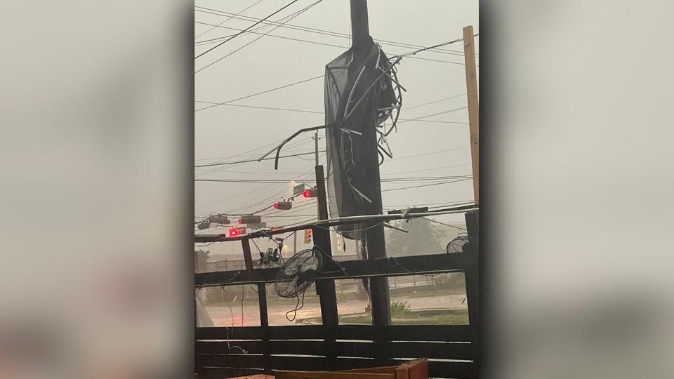 Wind damage at Houston's Krab Junkie restaurant after a derecho blasted the city with 90-100 mph wind on May 16, 2024.