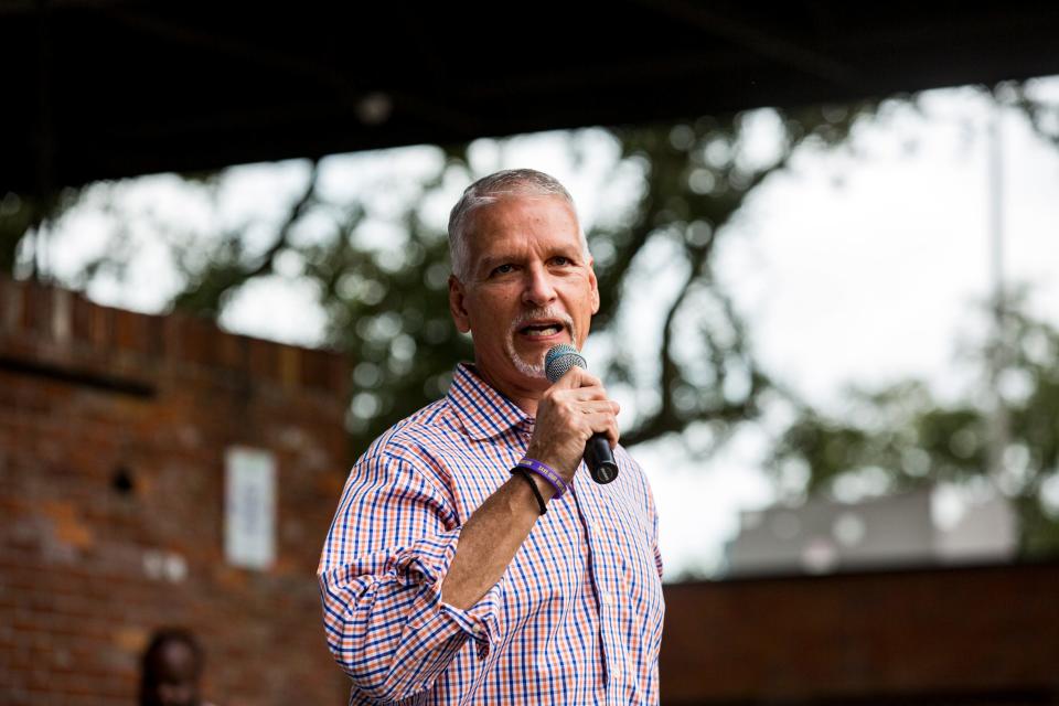 Sen. Keith Perry speaks to the crowd during the Homecoming After Jam at Bo Diddley Plaza on Nov. 2, 2018.