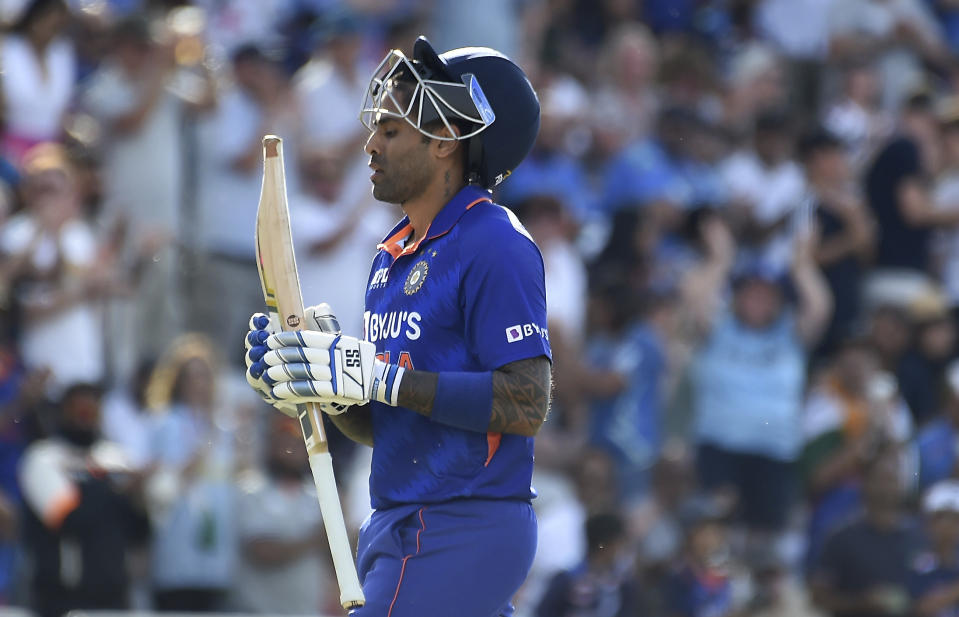 India's Suryakumar Yadav leaves the field after being dismissed during the third T20 international cricket match between England and India at Trent Bridge in Nottingham, England, Sunday, July 10, 2022. (AP Photo/Rui Vieira)