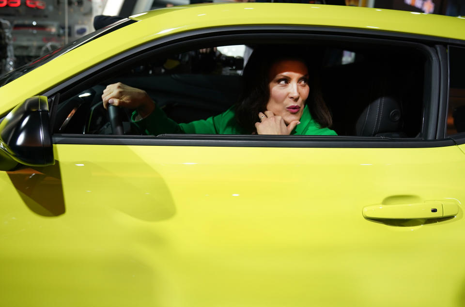 Michigan Gov. Gretchen Whitmer sits in a Chevrolet Camaro at The North American International Auto Show in Detroit on Jan. 15, 2019. (Timothy A. Clary / AFP via Getty Images)