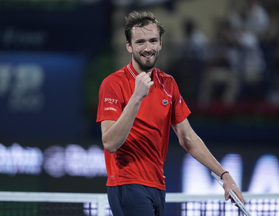 Daniil Medvedev reacts after he got a point against Serbia's Novak Djokovic during their semi final match of the Dubai Duty Free Tennis Championships in Dubai, United Arab Emirates, Friday, March 2, 2023. (AP Photo/Kamran Jebreili)