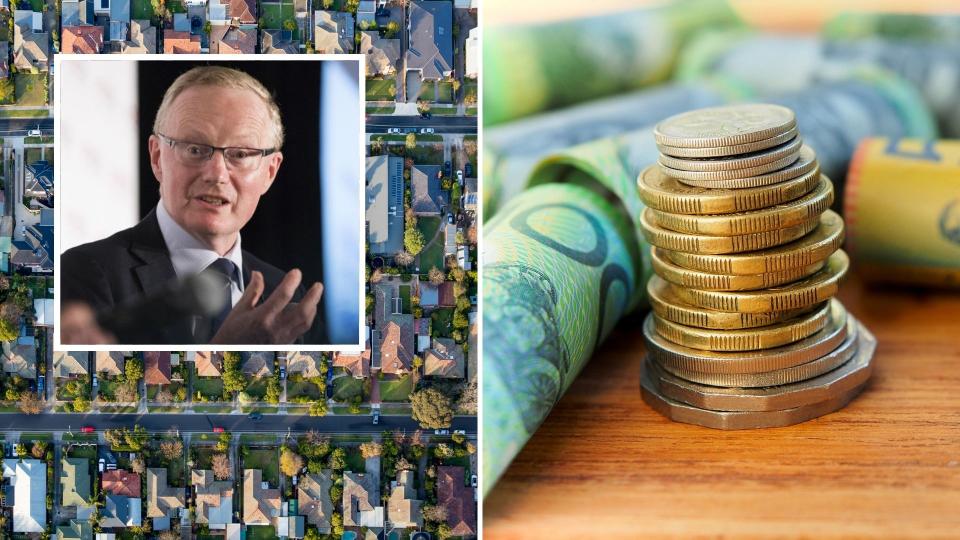 RBA Governor Philip Lowe, aerial view of Australian houses, Australian money close-up. 