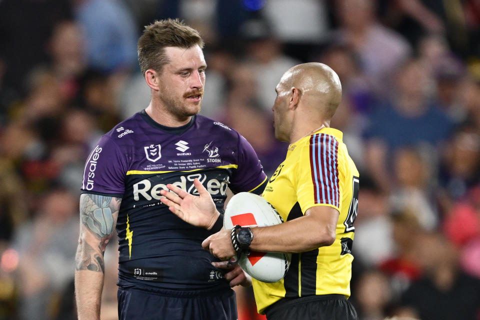 Cameron Munster speaking to referee Ashley Klein.