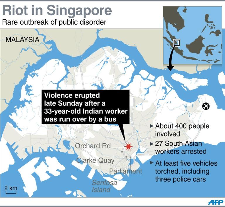 Map locating Singapore's Little India district where a riot was sparked late Sunday after a 33-year-old Indian worker was killed in a road accident
