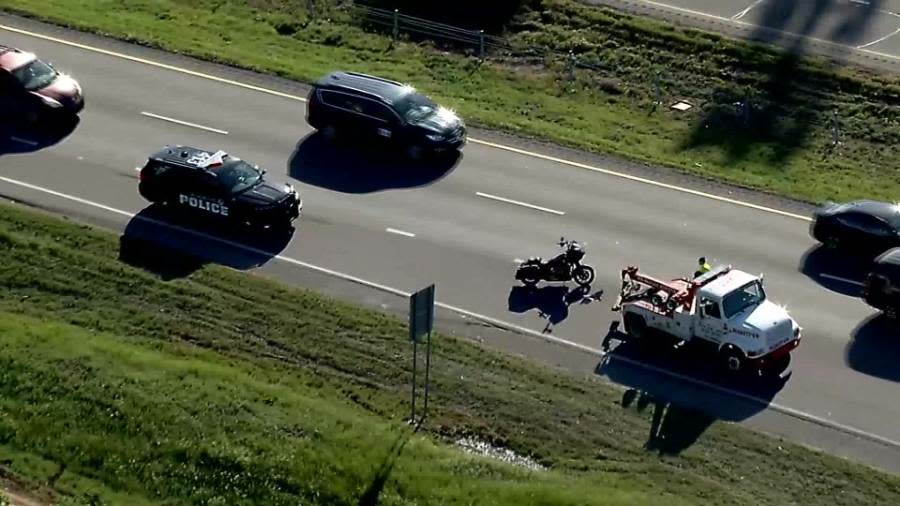 Motorcycle crash on I-44 northbound near SW 104th St. Photo courtesy KFOR.