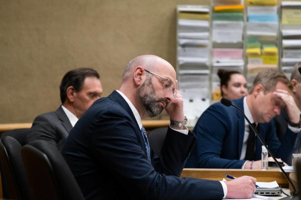 San Luis Obispo Deputy District Attorney Ben Blumenthal listens to closing arguments in the case against Stephen Deflaun in San Luis Obispo Superior Court on Apr. 18, 2023.