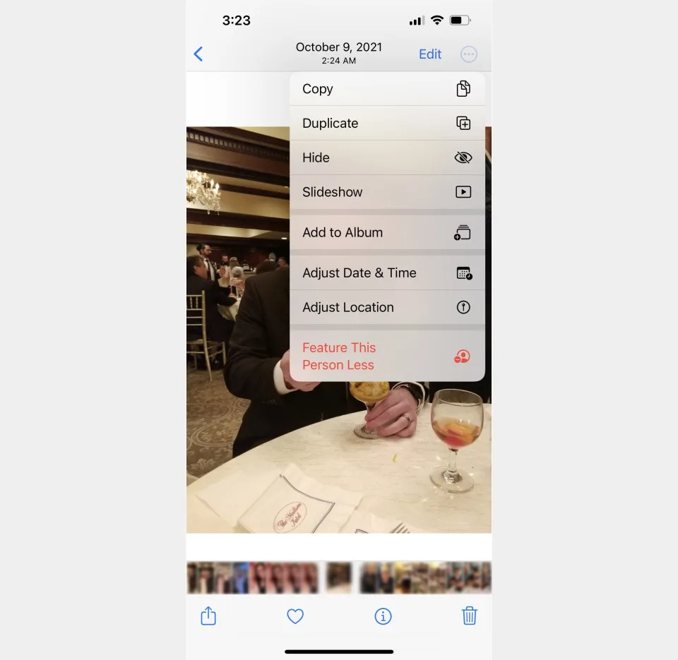 You can hide photos in iOS 16 by selecting them in the Photos app and tapping Hide in the option menu. (Image: Howley)