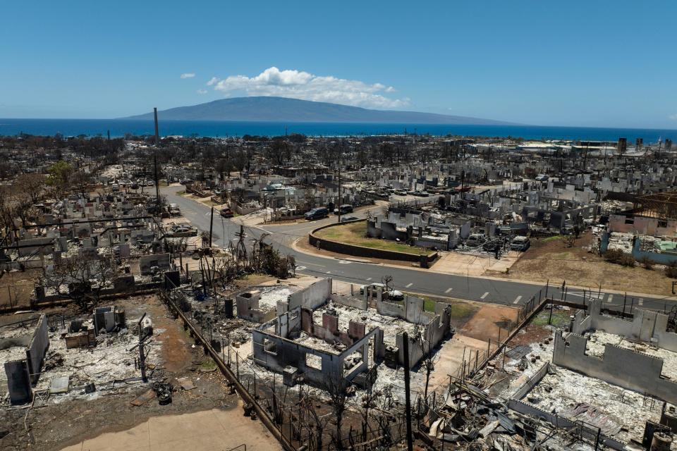 A general view shows the aftermath of a devastating wildfire in Lahaina, Hawaii, Tuesday, Aug. 22, 2023.