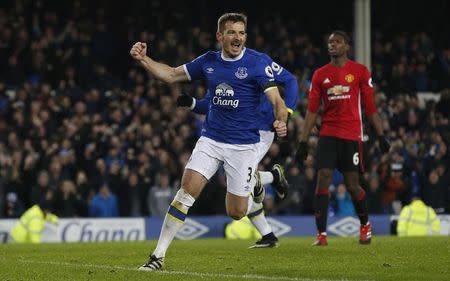 Football Soccer Britain - Everton v Manchester United - Premier League - Goodison Park - 4/12/16 Everton's Leighton Baines celebrates scoring their first goal Reuters / Andrew Yates Livepic