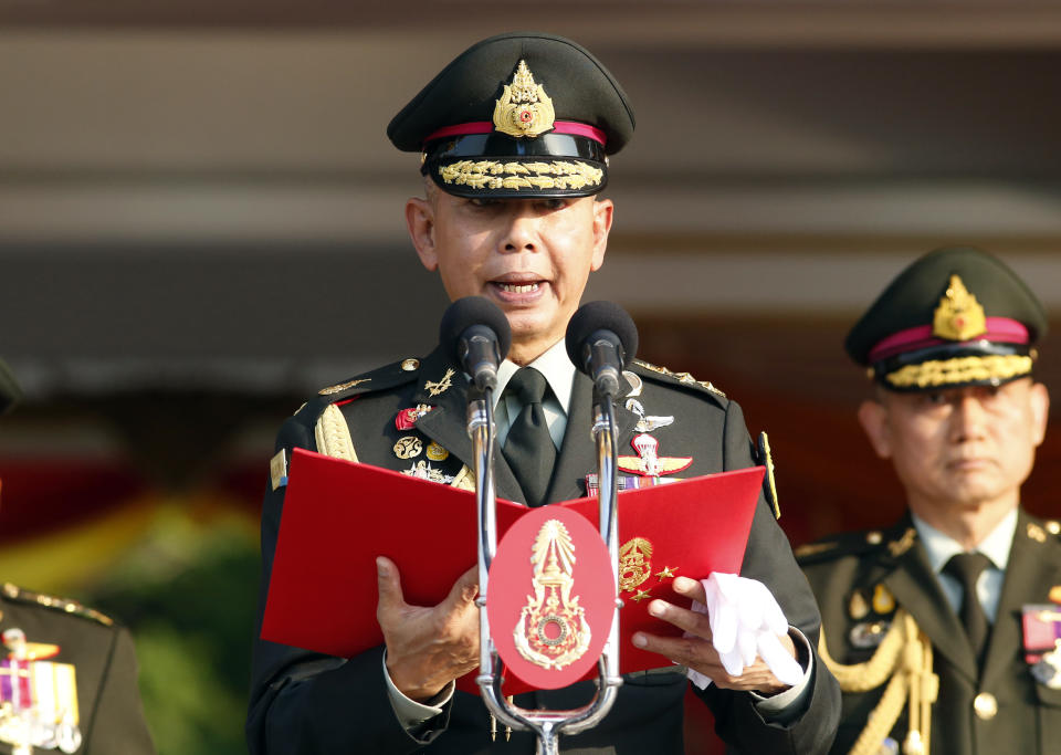 Thai army chief Gen. Apirat Kongsompong delivers a speech during the Royal Thai Armed Forces Day ceremony at a military base in Bangkok, Thailand, Friday, Jan. 18, 2019. (AP Photo/Sakchai Lalit)