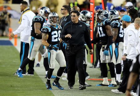 Feb 7, 2016; Santa Clara, CA, USA; Carolina Panthers head coach Ron Rivera talks with free safety Kurt Coleman (20) during the fourth quarter against the Denver Broncos in Super Bowl 50 at Levi's Stadium. Mandatory Credit: Kelley L Cox-USA TODAY Sports