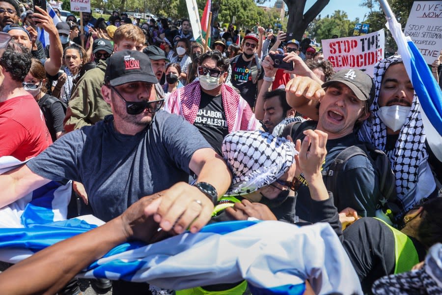 Westwood, CA, Sunday, April 28, 2024 – Thousands rally for Israel as pro Palestine counter demonstrators surround them at UCLA. (Robert Gauthier/Los Angeles Times via Getty Images)